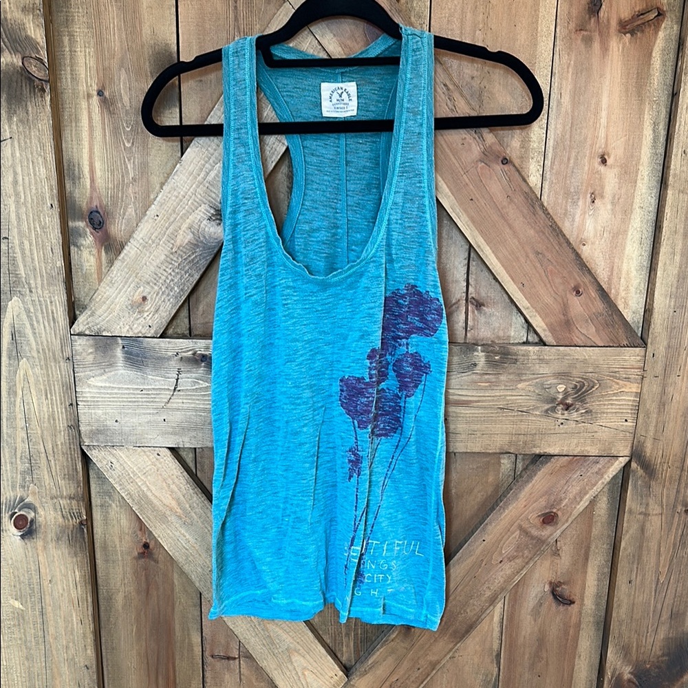 American Eagle Outfitters Teal Tank Top with Purple Graphic